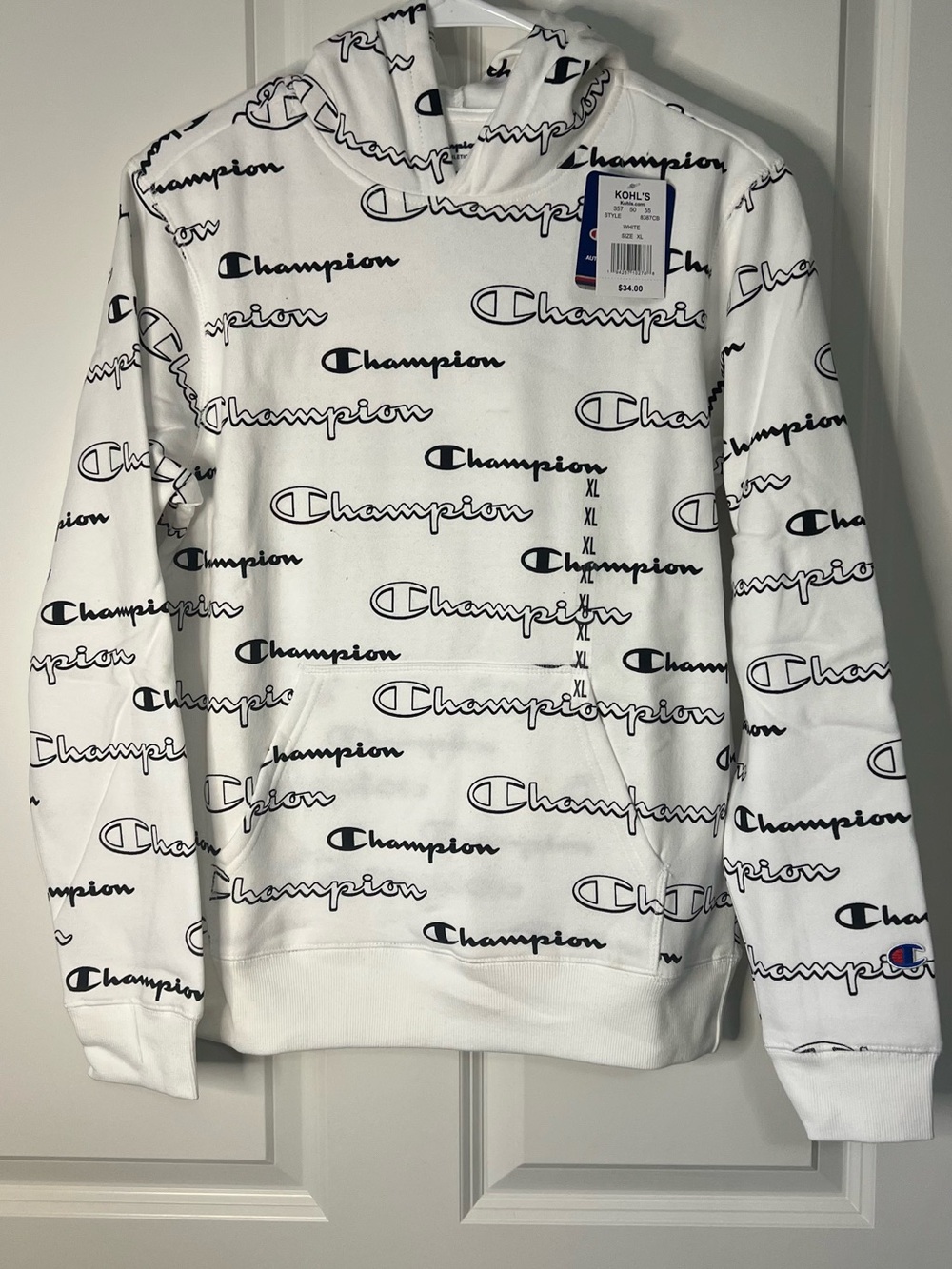Champion White Allover Logo Hoodie Boys